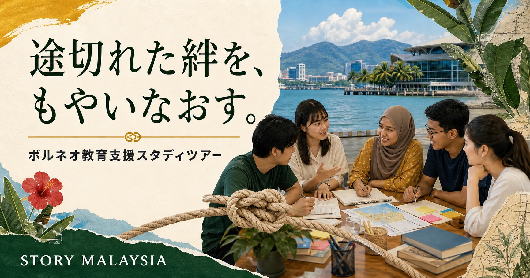 コタキナバルをイメージした海辺で架空の学生たちが話し合い、ロープの結び目で人のつながりを表した生成イメージ